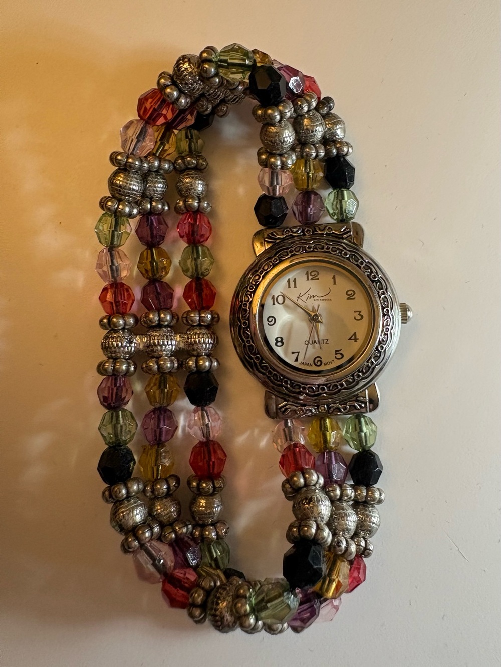 Vintage Kim Rogers Boho Multi-Strand Beaded Bracelet Watch Silver-Tone Quartz